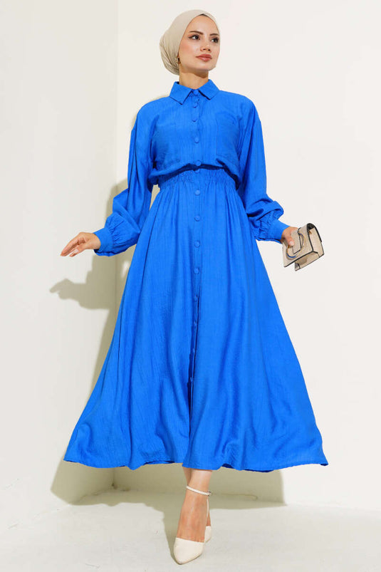Boy Buttoned Double Pocket Dress Royal Blue
