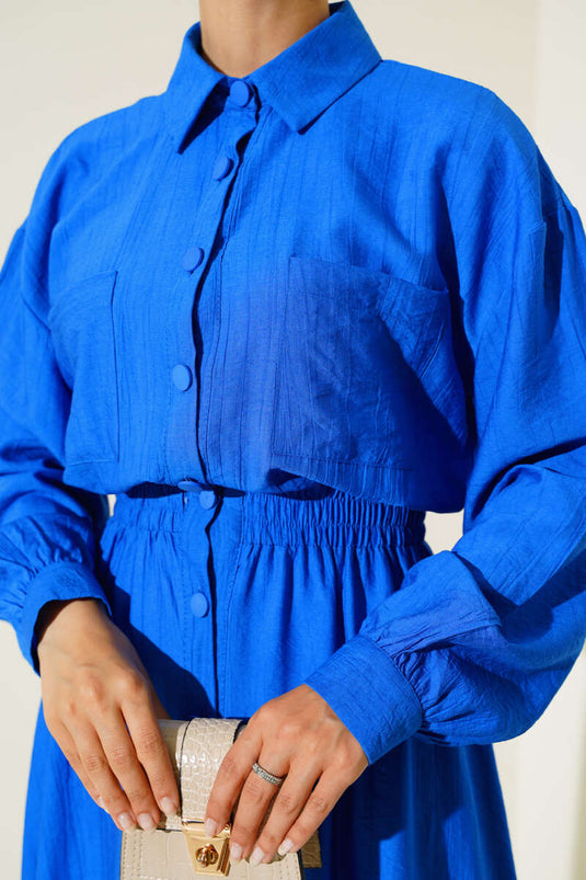 Boy Buttoned Double Pocket Dress Royal Blue