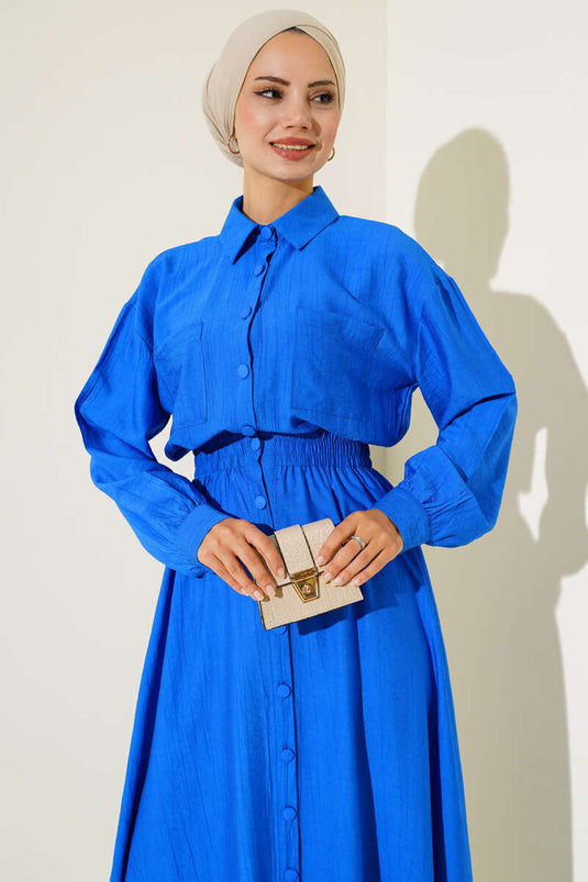 Boy Buttoned Double Pocket Dress Royal Blue
