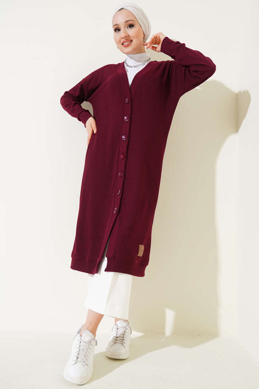 Buttoned Ribbed Long Cardigan in Burgundy