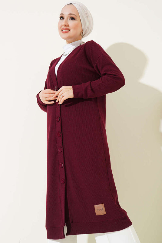 Buttoned Ribbed Long Cardigan in Burgundy