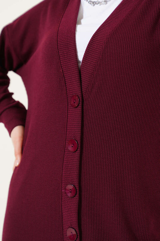 Buttoned Ribbed Long Cardigan in Burgundy
