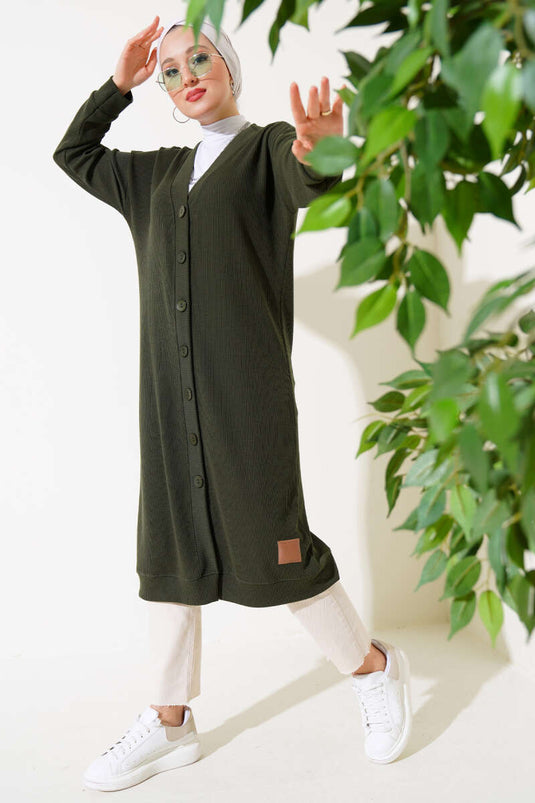 Geknoopt geribbeld lang vest Khaki