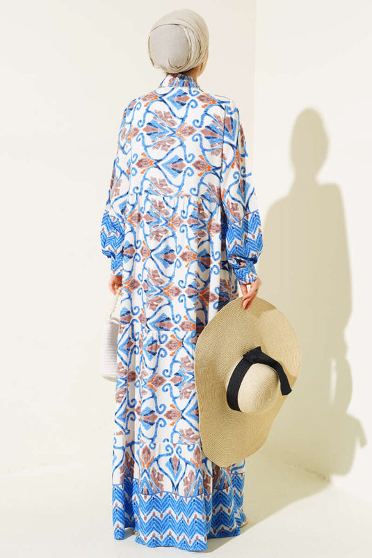 Lang knappet viskosekjole Blå Brun