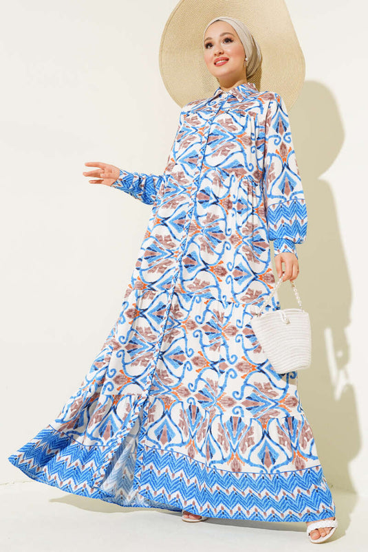 Lang knappet viskosekjole Blå Brun