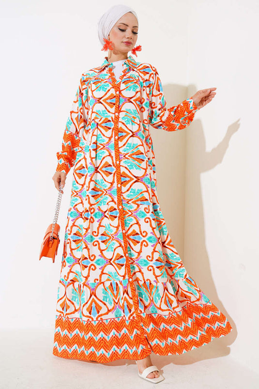 Boy Düğmeli Viskon Elbise Oranj Yeşil