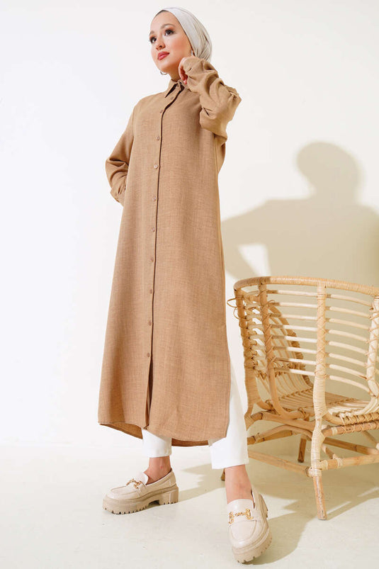 Boy Düğmeli Yırtmaçlı Uzun Tunik Camel