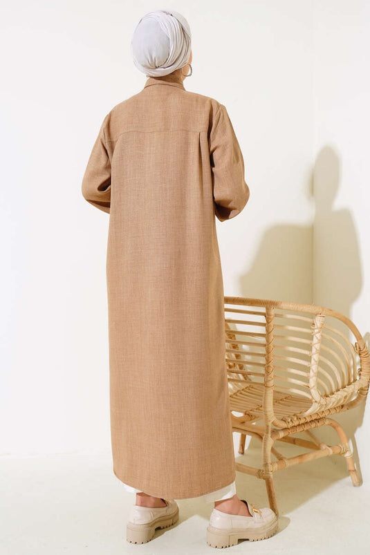 Boy Düğmeli Yırtmaçlı Uzun Tunik Camel