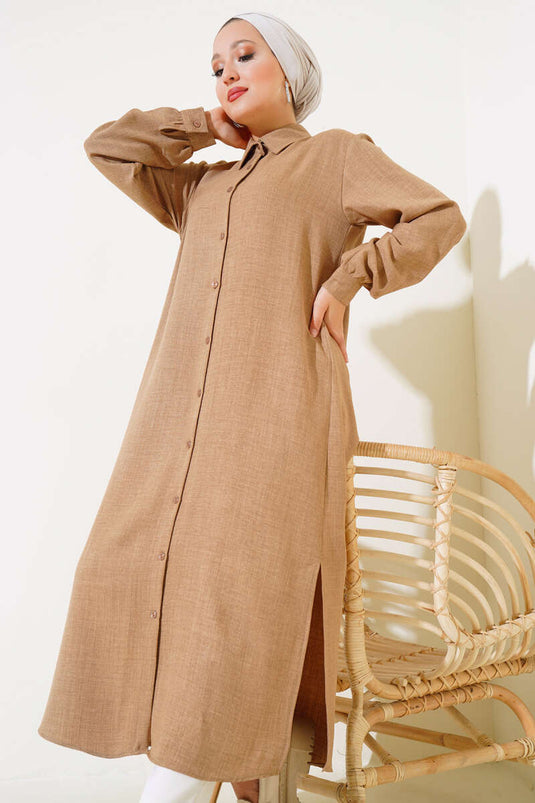 Boy Düğmeli Yırtmaçlı Uzun Tunik Camel