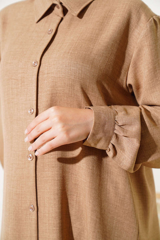 Boy Düğmeli Yırtmaçlı Uzun Tunik Camel