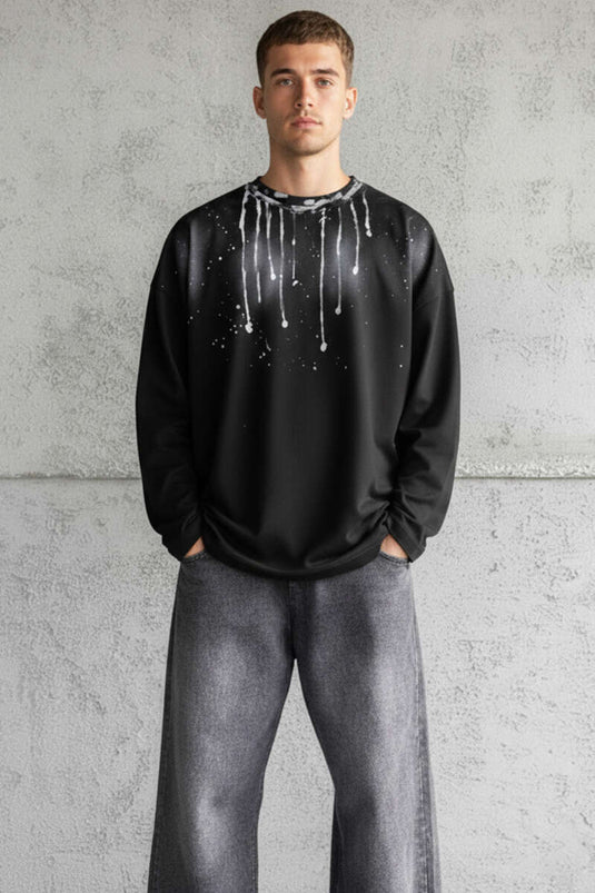 Boya Detaylı Erkek Sweatshirt Siyah