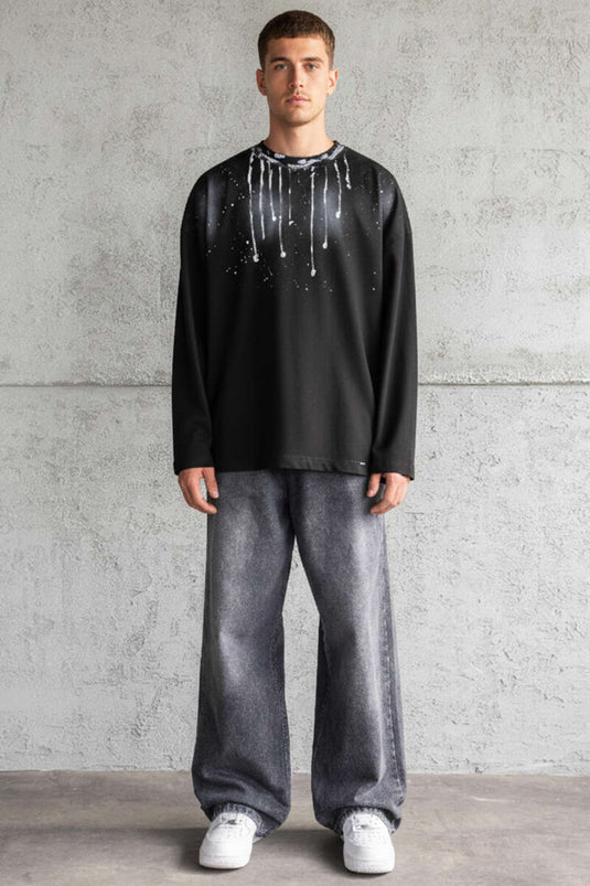 Boya Detaylı Erkek Sweatshirt Siyah