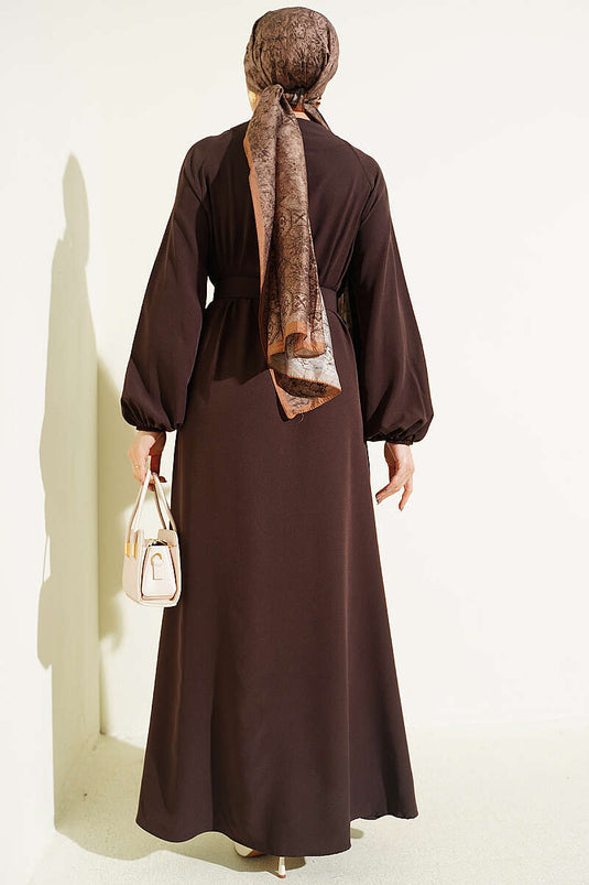 Full-Length British Buttoned Dress with Belt Brown