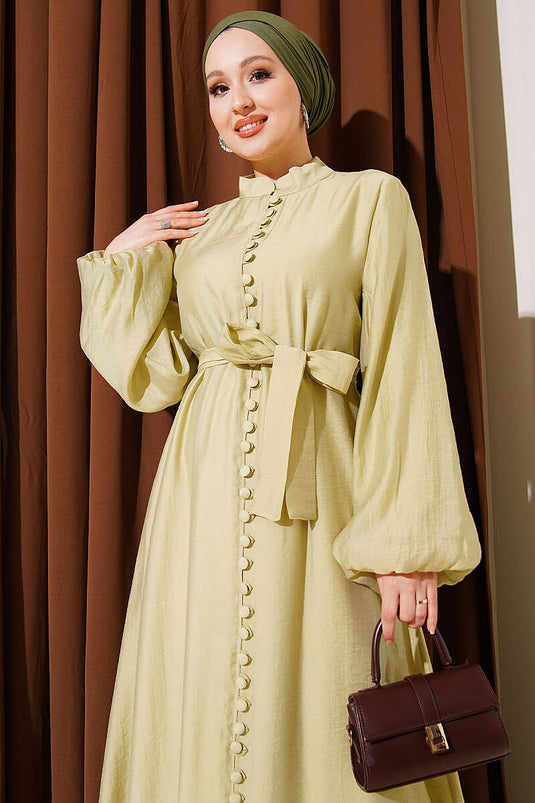 Full-Length British Buttoned Belted Dress in Olive Green