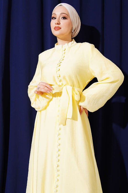 Full-Length British Buttoned Belted Dress Yellow