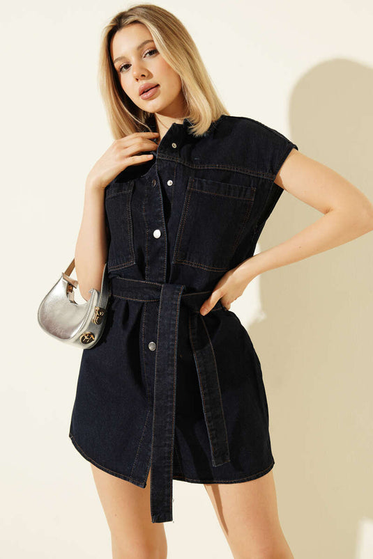 Full Snap Button Mini Denim Dress Navy Blue