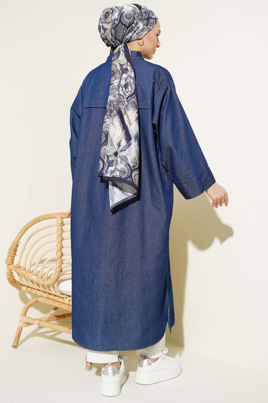 Long Denim Tunic with Full Snap Buttons Navy Blue