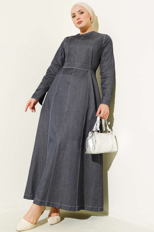 Boydan Dikiş Detaylı Kot Elbise Kot