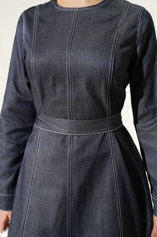 Boydan Dikiş Detaylı Kot Elbise Kot