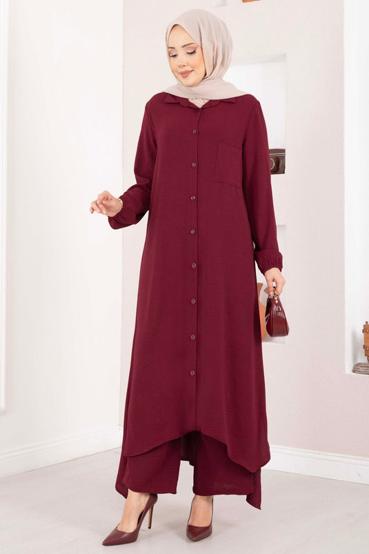 Full-Button Aerobin Modest Two-Piece Set Burgundy
