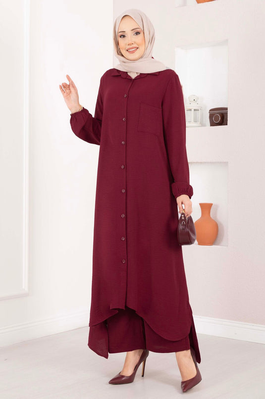 Full-Button Aerobin Modest Two-Piece Set Burgundy