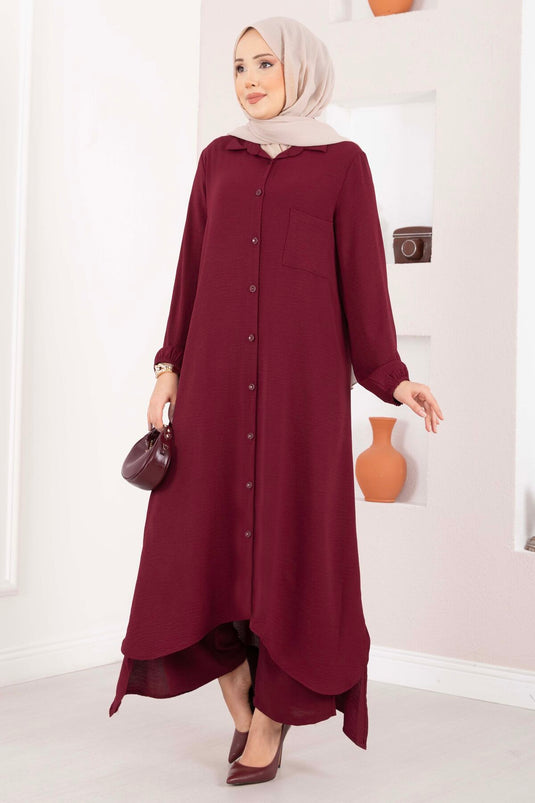 Boydan Düğmeli Aerobin Tesettür İkili Takım Bordo