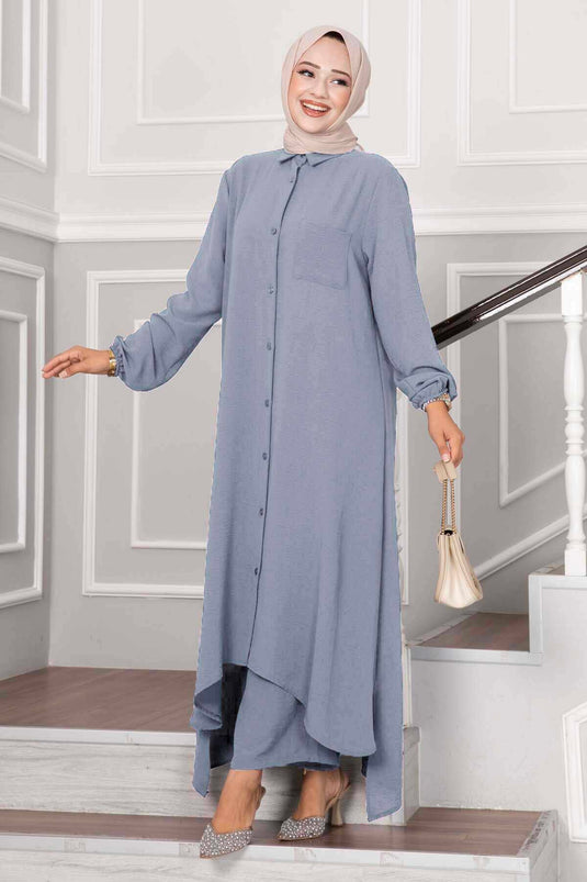 Buttoned Aerobin Hijab Two-Piece Set Gray