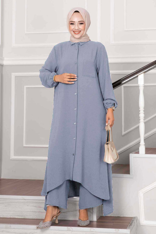 Buttoned Aerobin Hijab Two-Piece Set Gray