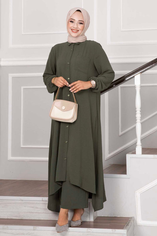 Buttoned Aerobin Hijab Two-Piece Set Khaki