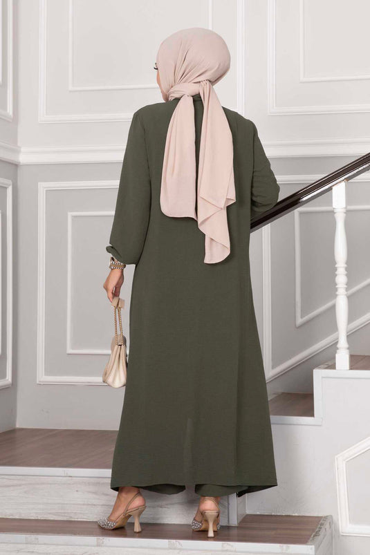 Buttoned Aerobin Hijab Two-Piece Set Khaki