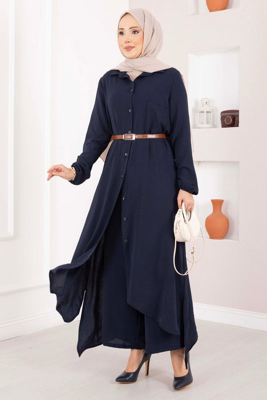 Full-Button Aerobin Modest Two-Piece Set Navy Blue