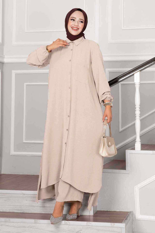 طقم إيروبين محتشم بأزرار كاملة من قطعتين بحجر