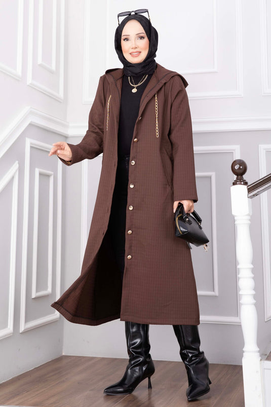 Boydan Düğmeli Astarsız Uzun Kap Kahve