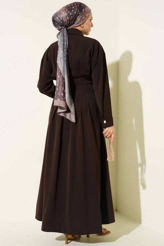 Full-Length Buttoned Waist-Pleated Dress Brown