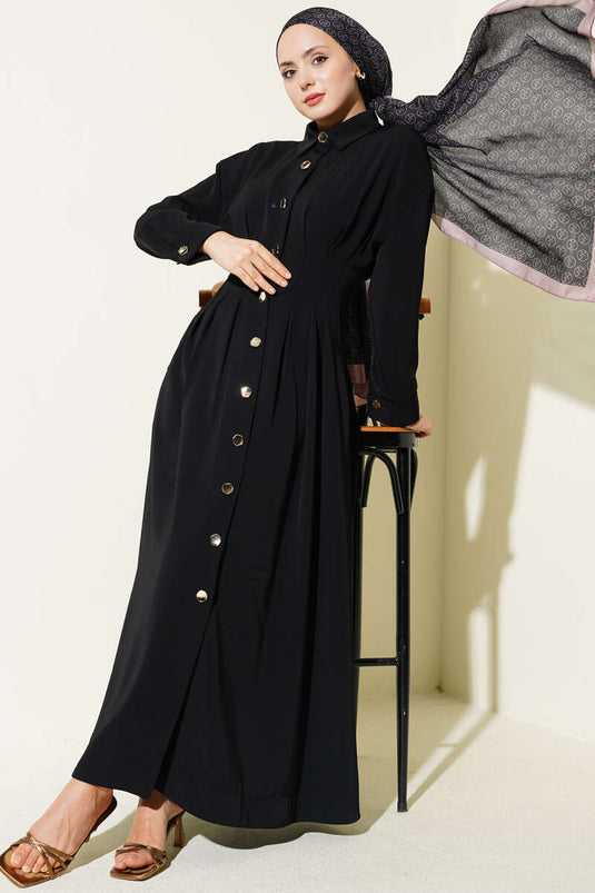 Robe cintrée à boutons sur toute la longueur, taille plissée, noire