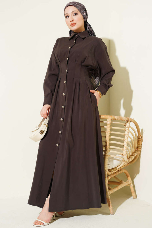 Ganzknöpfiges, tailliertes Modal-Kleid in Bitterbraun
