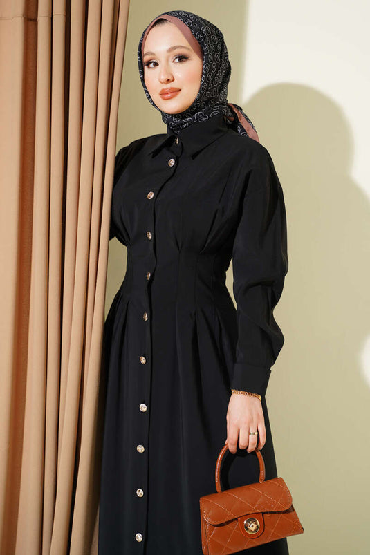 Robe Modale Cintrée à Boutons sur Toute la Longueur Noir