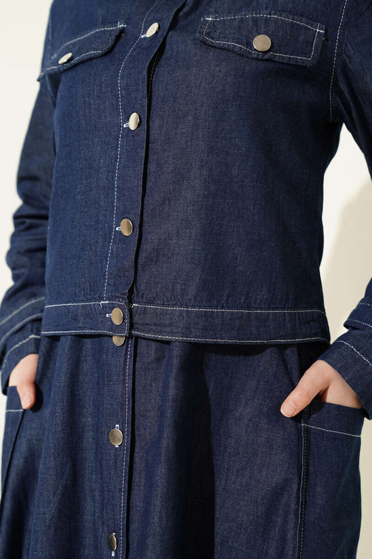 Completo con Gilet in Jeans e Giacca con Bottoni, Blu Denim