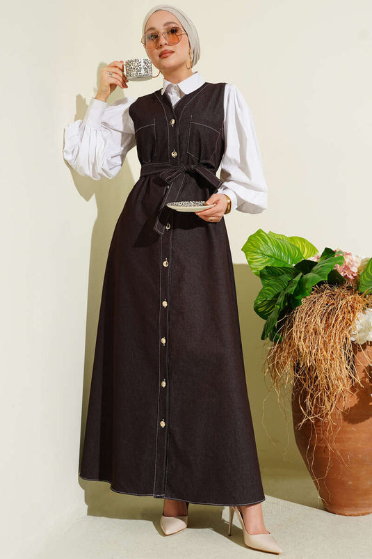 Full-Length Buttoned Double-Pocket Denim Pinafore Dress Brown