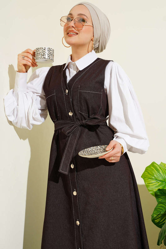 Full-Length Buttoned Double-Pocket Denim Pinafore Dress Brown
