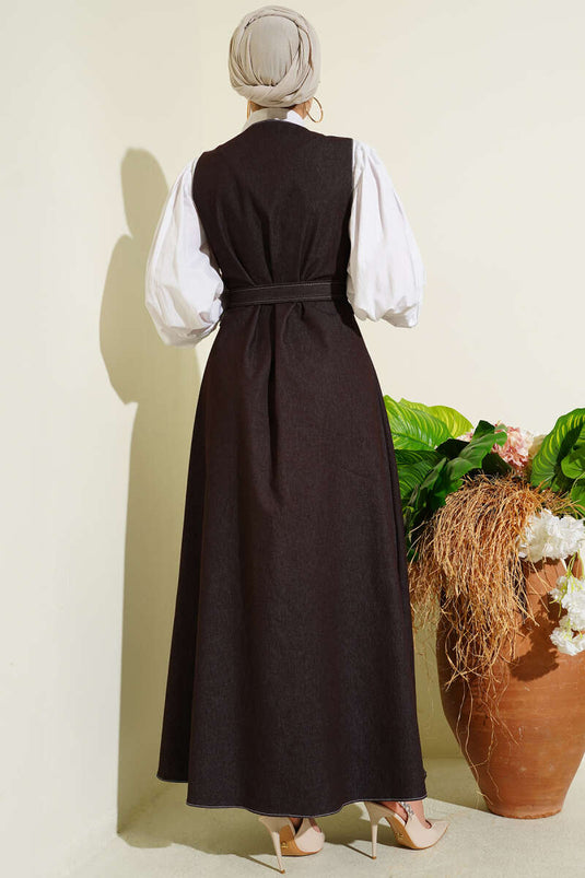 Full-Length Buttoned Double-Pocket Denim Pinafore Dress Brown