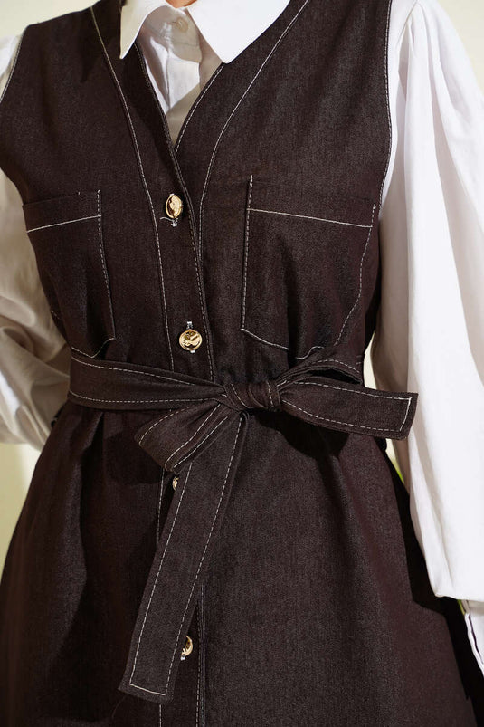 Full-Length Buttoned Double-Pocket Denim Pinafore Dress Brown