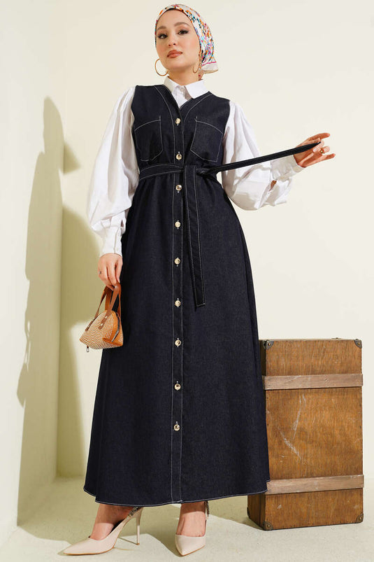 Full-Length Buttoned Double-Pocket Denim Jumper Navy Blue