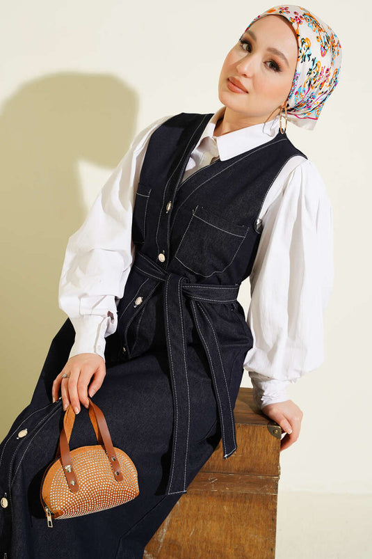 Full-Length Buttoned Double-Pocket Denim Jumper Navy Blue