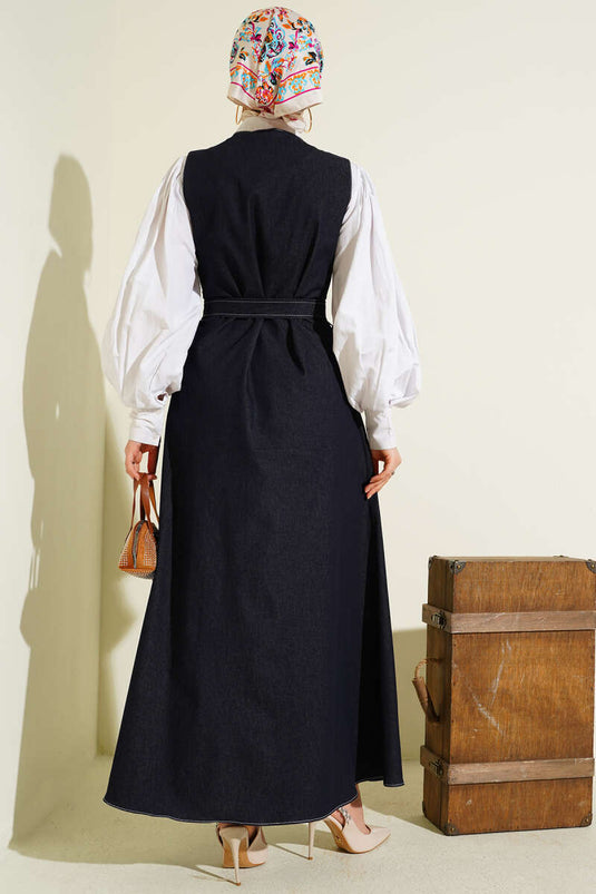Full-Length Buttoned Double-Pocket Denim Jumper Navy Blue