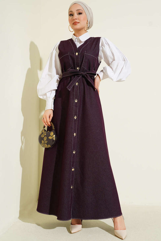 Full-Length Buttoned Double-Pocket Denim Pinafore Dress in Mulberry