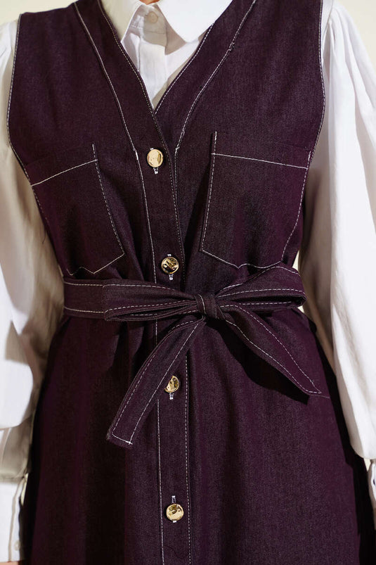 Full-Length Buttoned Double-Pocket Denim Pinafore Dress in Mulberry