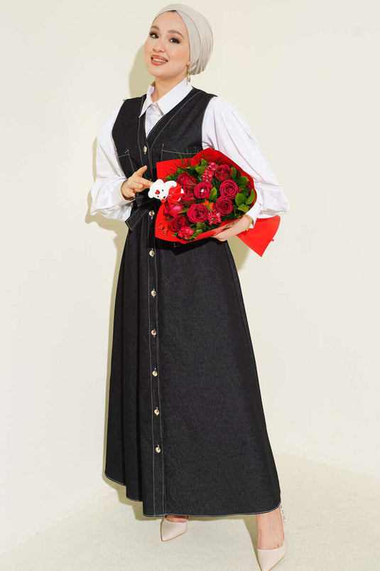 Boydan Düğmeli Çift Cepli Kot Jile Siyah