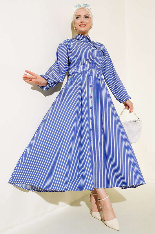 Boydan Düğmeli Çizgili Elbise Lacivert