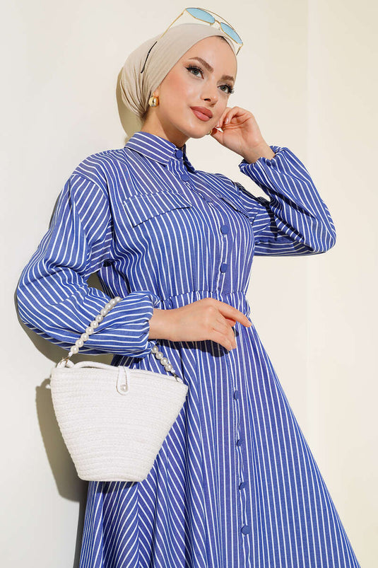 Boydan Düğmeli Çizgili Elbise Lacivert